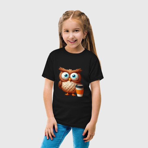 Детская футболка хлопок с принтом Растрепанная сова с кофе, вид сбоку #3