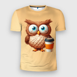 Мужская футболка 3D Slim Растрепанная сова со стаканчиком кофе