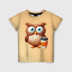 Детская футболка 3D Растрепанная сова со стаканчиком кофе