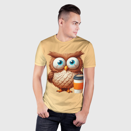 Мужская футболка 3D Slim Растрепанная сова со стаканчиком кофе, цвет 3D печать - фото 3