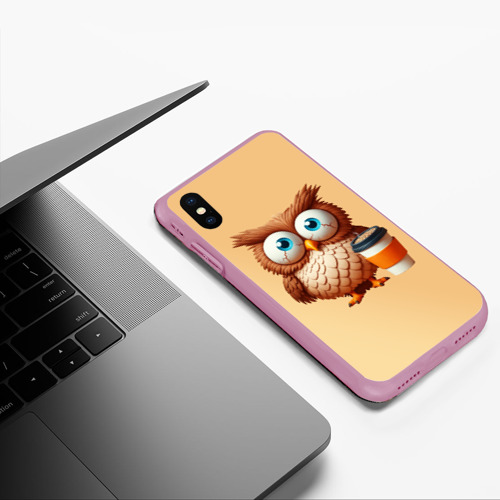 Чехол для iPhone XS Max матовый Растрепанная сова со стаканчиком кофе, цвет розовый - фото 5