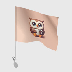 Флаг для автомобиля Мультяшная сова держит кружку с кофе