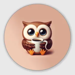 Круглый коврик для мышки Мультяшная сова держит кружку с кофе