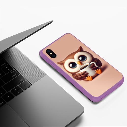 Чехол для iPhone XS Max матовый Мультяшная сова держит кружку с кофе, цвет фиолетовый - фото 5