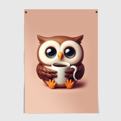 Постер Мультяшная сова держит кружку с кофе