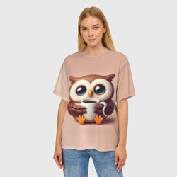 Женская футболка oversize 3D Мультяшная сова держит кружку с кофе - фото 2