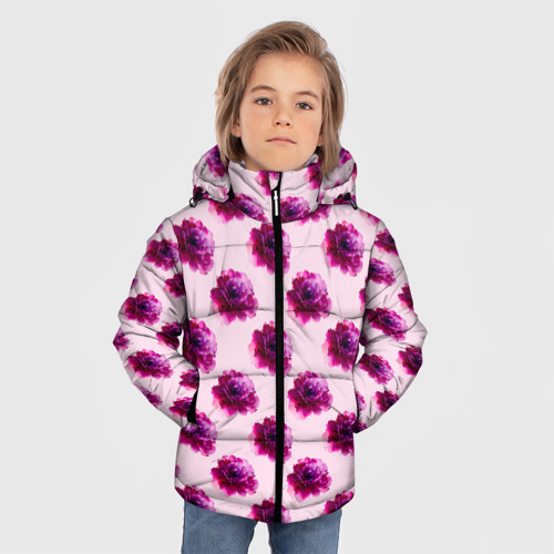 Зимняя куртка для мальчиков 3D с принтом Цветы пионы на розовом фоне, фото на моделе #1