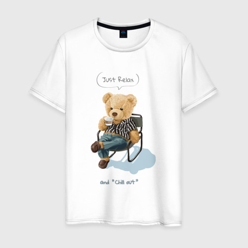 Мужская футболка из хлопка с принтом Плюшевый мишка отдыхает, вид спереди №1