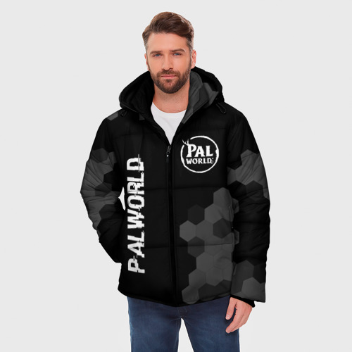 Мужская зимняя куртка 3D с принтом Palworld glitch на темном фоне вертикально, фото на моделе #1