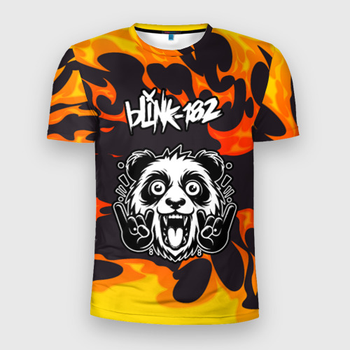 Мужская футболка 3D Slim с принтом Blink 182 рок панда и огонь, вид спереди #2