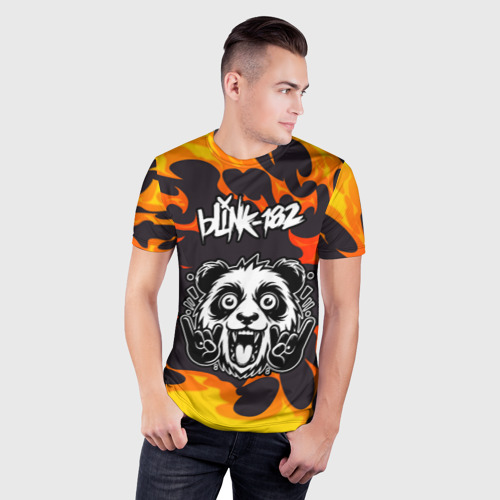 Мужская футболка 3D Slim с принтом Blink 182 рок панда и огонь, фото на моделе #1