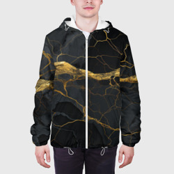 Куртка с принтом Золотое напыление на черной абстракции для мужчины, вид на модели спереди №3. Цвет основы: белый
