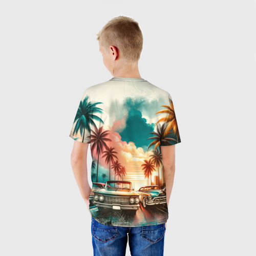 Детская футболка 3D с принтом ГТА - пальмы и машины, вид сзади #2