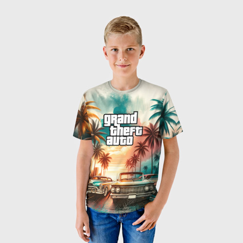 Детская футболка 3D с принтом ГТА - пальмы и машины, фото на моделе #1