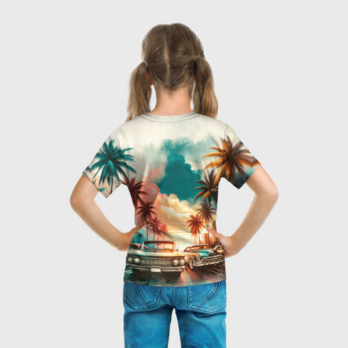 Детская футболка 3D с принтом ГТА - пальмы и машины, вид сзади #2