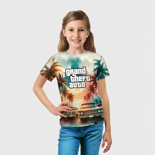 Детская футболка 3D с принтом ГТА - пальмы и машины, вид сбоку #3