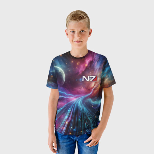 Детская футболка 3D с принтом Mass Effect - N7, фото на моделе #1