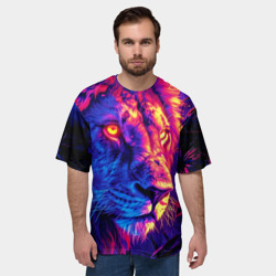 Мужская футболка oversize 3D Неоновый светящийся лев - фото 2