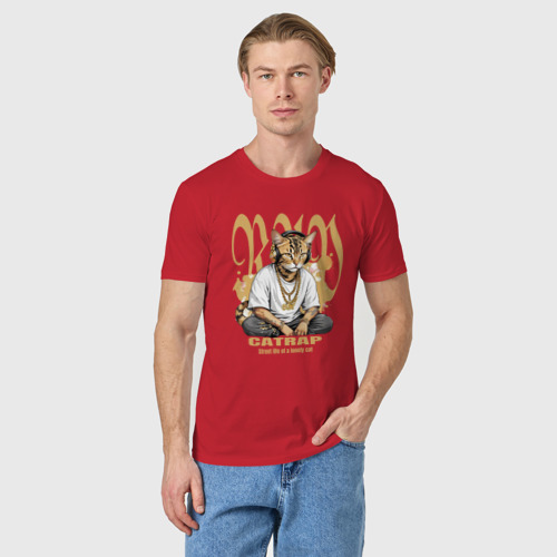 Мужская футболка хлопок Бенгальский кот репер, цвет красный - фото 3