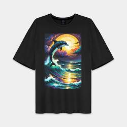 Мужская футболка Oversize хлопок premium Дельфин бушующем море
