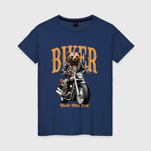 Женская футболка из хлопка с принтом Байкер медведь на мотоцикле, вид спереди №1