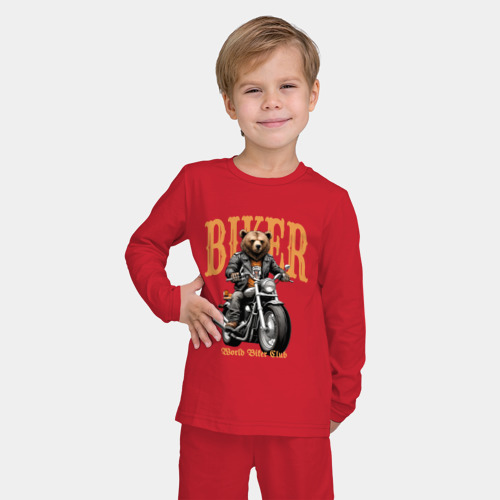 Детская пижама с лонгсливом хлопок Байкер медведь на мотоцикле, цвет красный - фото 3