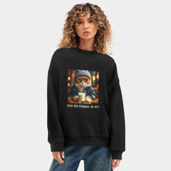 Женский свитшот oversize без начеса хлопок Рыжий кот: если лев голоден он ест - пафосная цитата - фото 2