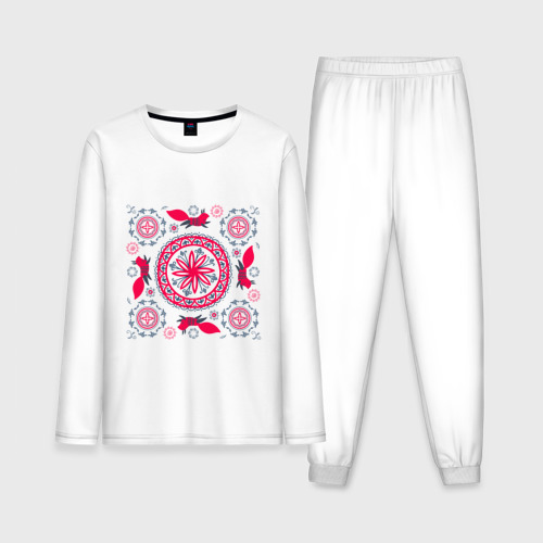 Мужская пижама с лонгсливом хлопок Солярные знаки и белки символы круговорота, цвет белый