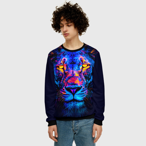 Мужской свитшот 3D Синий светящийся лев, цвет черный - фото 3
