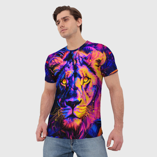 Мужская футболка 3D Неоновый лев в джунглях, цвет 3D печать - фото 3