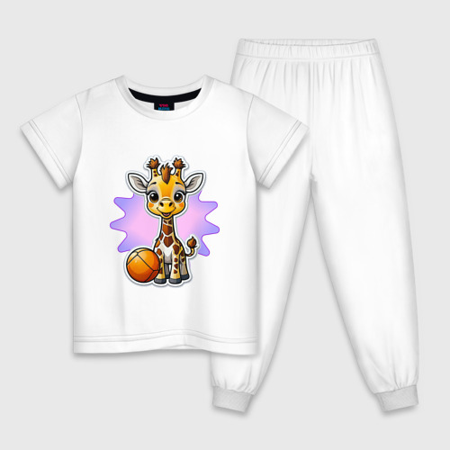 Детская пижама из хлопка с принтом Жирафик и мяч, вид спереди №1