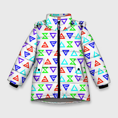 Зимняя куртка для девочек 3D с принтом Ведьмак логотипы паттерн, вид спереди #2