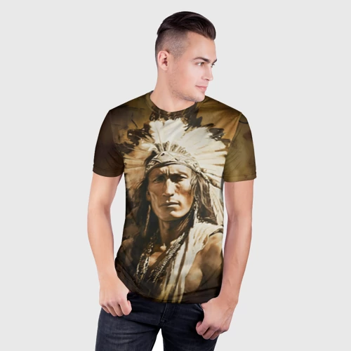 Мужская футболка 3D Slim с принтом Североамериканский индеец, фото на моделе #1