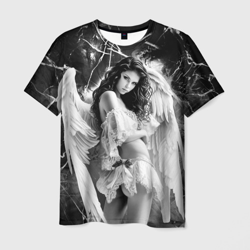 Мужская футболка с принтом Брюнетка белый ангел, вид спереди №1