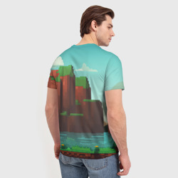 Футболка с принтом Minecraft logo горы и озеро для мужчины, вид на модели сзади №2. Цвет основы: белый
