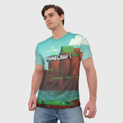 Футболка с принтом Minecraft logo горы и озеро для мужчины, вид на модели спереди №2. Цвет основы: белый