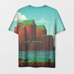 Футболка с принтом Minecraft logo горы и озеро для мужчины, вид сзади №1. Цвет основы: белый