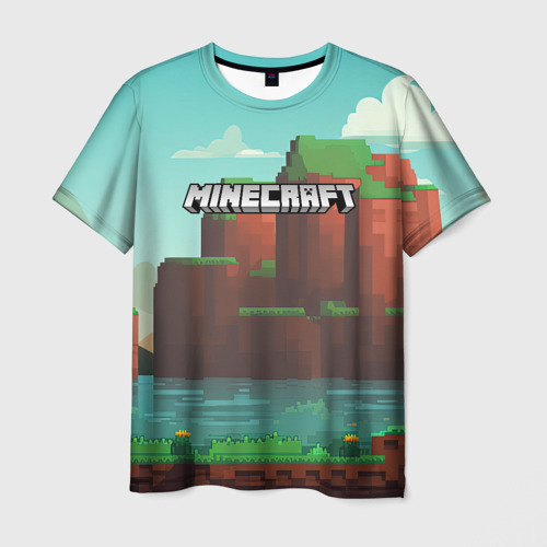 Мужская футболка с принтом Minecraft logo горы и озеро, вид спереди №1