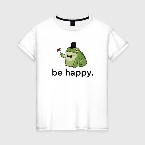 Женская футболка из хлопка с принтом Лягушка - be happy, вид спереди №1