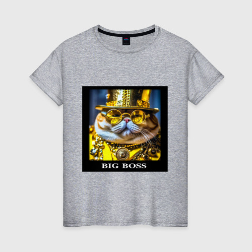 Женская футболка хлопок с принтом Мем кот барон в стиле стимпанк: big boss, вид спереди #2