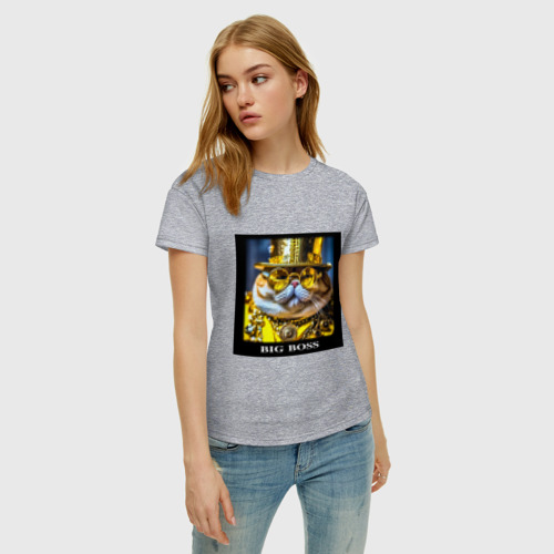 Женская футболка хлопок с принтом Мем кот барон в стиле стимпанк: big boss, фото на моделе #1