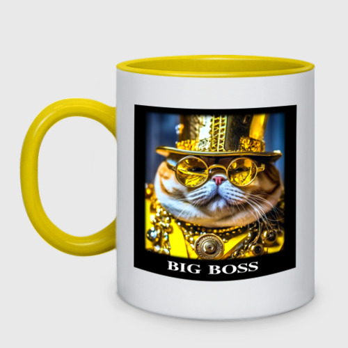 Кружка двухцветная с принтом Мем кот барон в стиле стимпанк: big boss, вид спереди #2