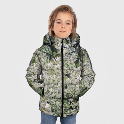 Зимняя куртка для мальчиков 3D с принтом Цветущая вишня, фотография, фото на моделе #1
