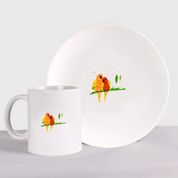 Набор: тарелка + кружка Пара влюбленных попугаев на ветке