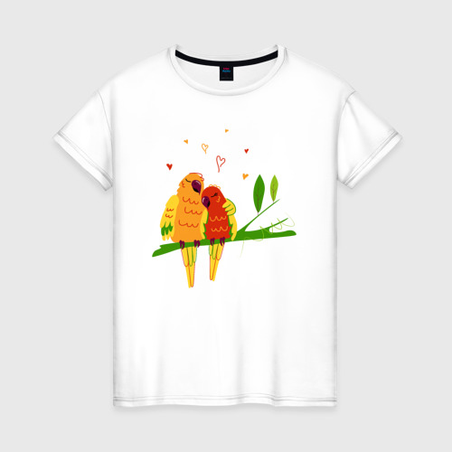 Женская футболка из хлопка с принтом Пара влюбленных попугаев на ветке, вид спереди №1