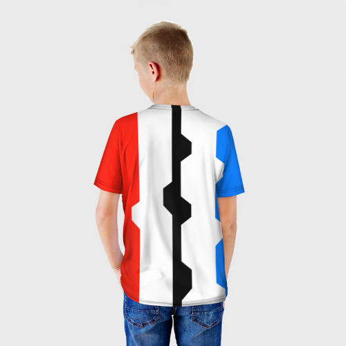 Детская футболка 3D с принтом Техно линии синий и красный, вид сзади #2