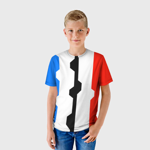 Детская футболка 3D с принтом Техно линии синий и красный, фото на моделе #1