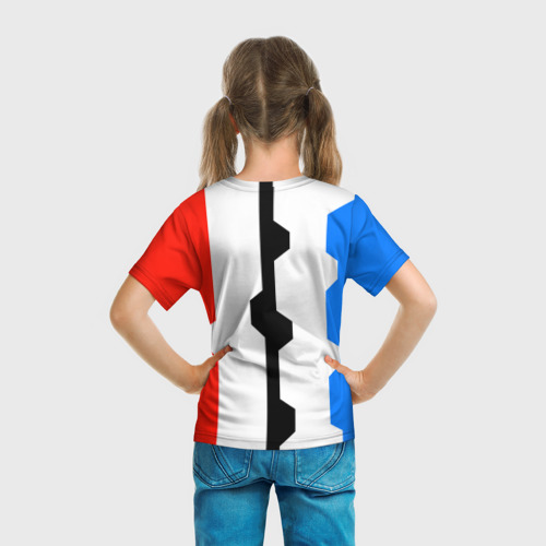 Детская футболка 3D с принтом Техно линии синий и красный, вид сзади #2