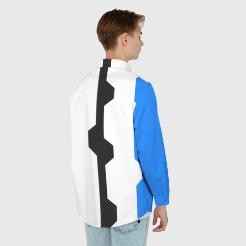 Мужская рубашка oversize 3D с принтом Техно линии синий и красный, вид сзади #2