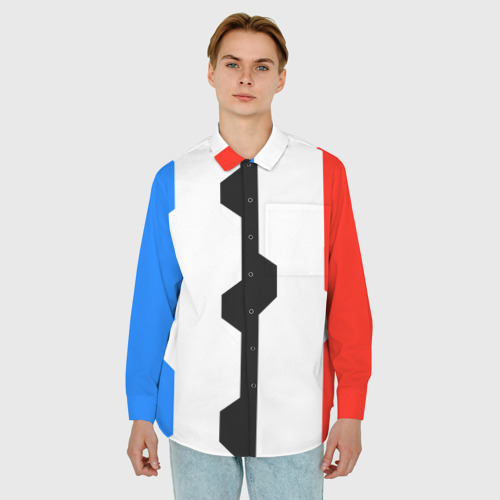 Мужская рубашка oversize 3D с принтом Техно линии синий и красный, фото на моделе #1